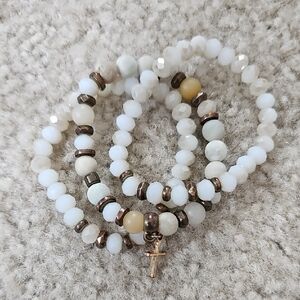 Elegant White Beaded Bracelet Set with Cross Charm